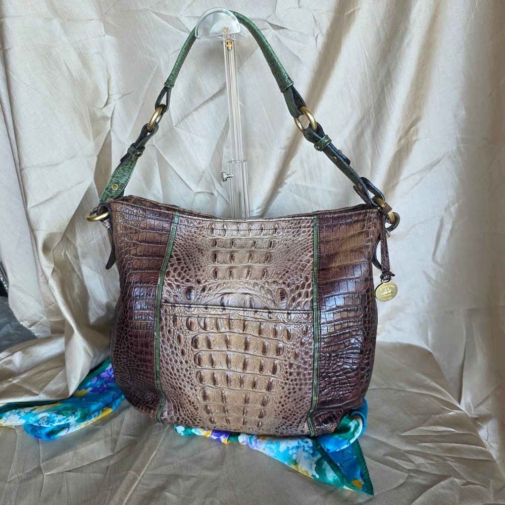 Brahmin Isabelle Shoulder Bag Women Medium Brown Tan Green Croc Leather Good
